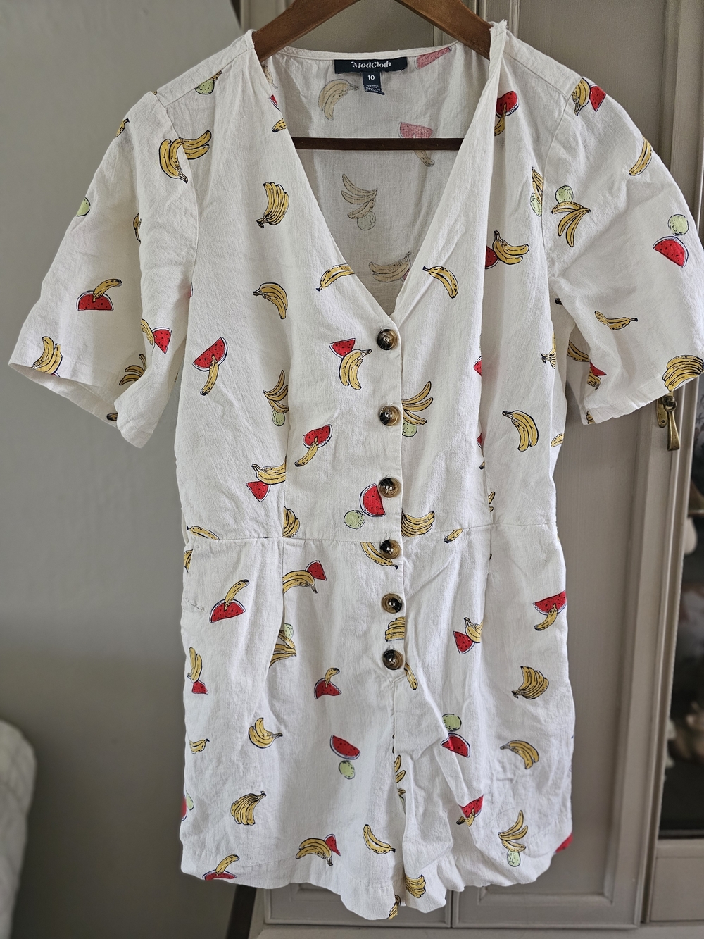 Modcloth White Fruit-Print Romper with Yellow & Red Accents